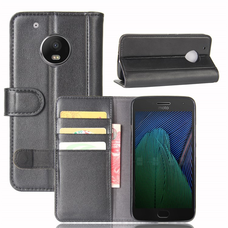 Genuine Split Wallet Leather Protection Cell Phone Case for Motorola Moto G5 Plus - Black-1