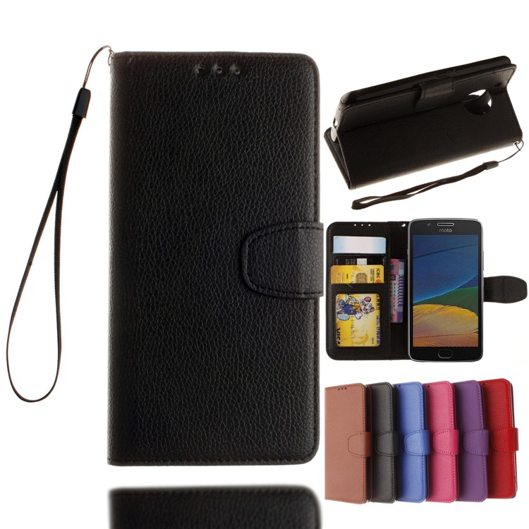Litchi Skin PU Leather Mobile Casing with Card Slots for Motorola Moto G5 - Black-1