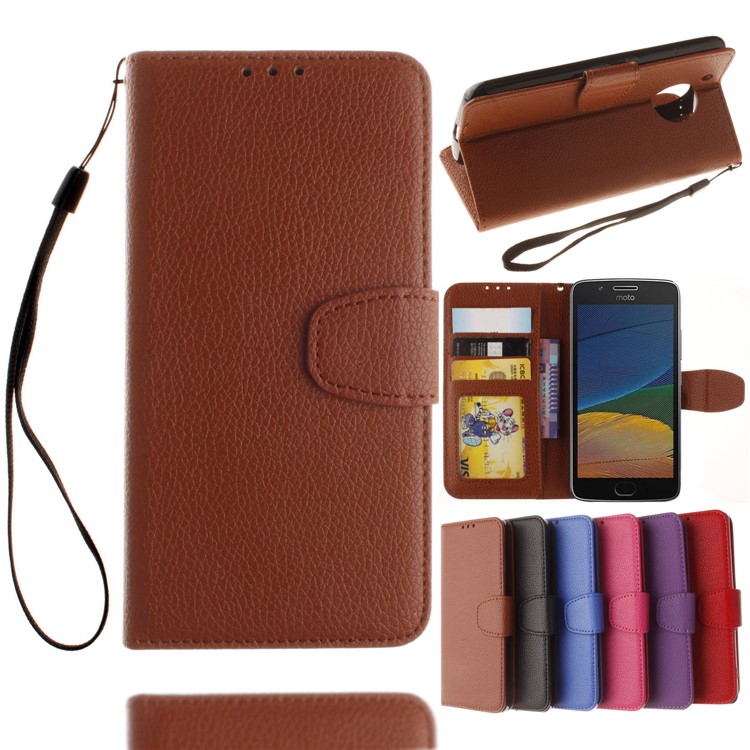 Litchi Skin PU Leather Phone Case with Card Slots for Motorola Moto G5 - Brown-1