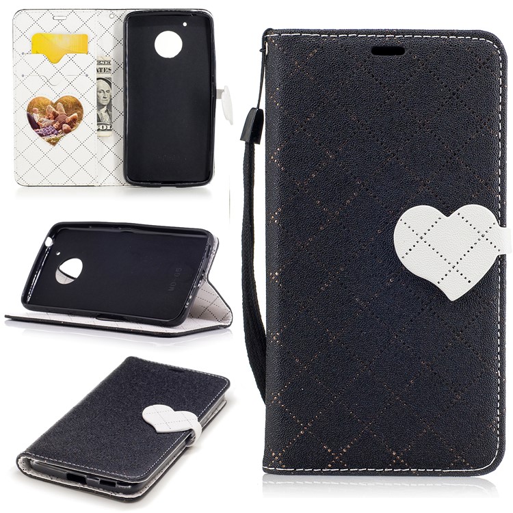 Love Heart Two-tone Leather Wallet Flip Case Accessory for Motorola Moto G5 - Black-1