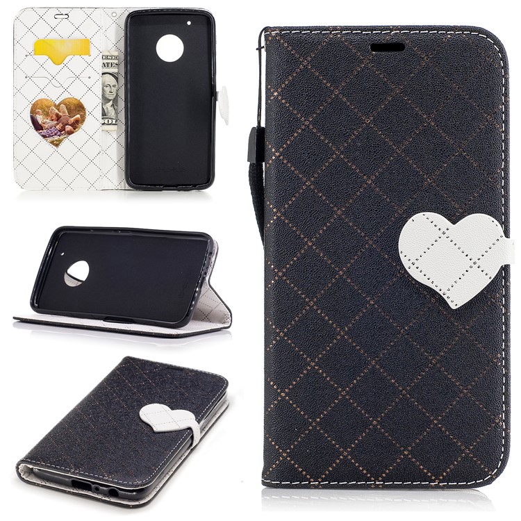 Love Heart Two-tone Leather Wallet Mobile Case Accessory for Motorola Moto G5 Plus - Black-1