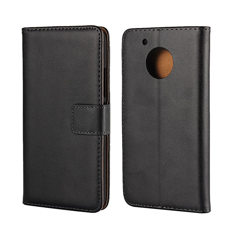 Genuine Split Leather Wallet Magnetic Flip Cover for Motorola Moto G5 - Black-1