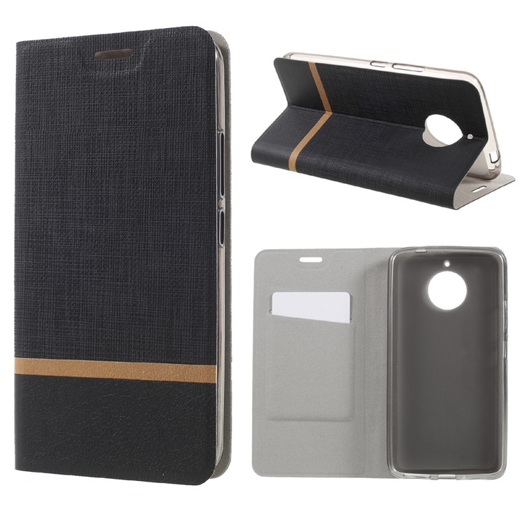 Cross Texture Stand Porte-cartes en cuir Boîtier de téléphone portable pour Motorola Moto E4 Plus Version de l'UE Construit-in acier housse - Noir-1