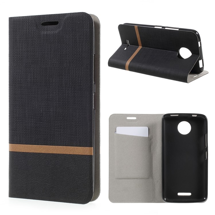 Cross Grain Card Slot Leather Mobile Phone Case Accessory for Motorola Moto C 2017 Built-in Steel Sheet - Black-1