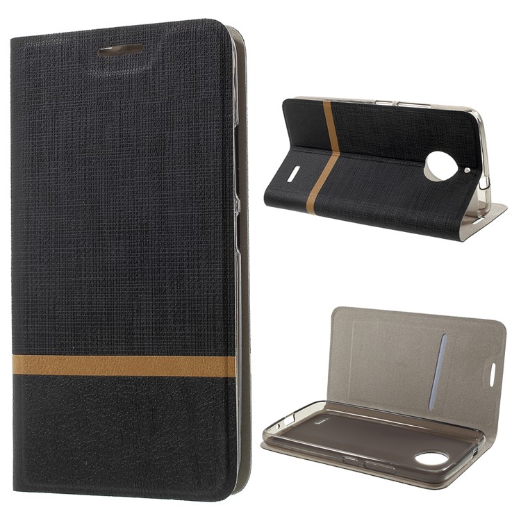 Cross Texture Leather Card Holder Stand Case for Motorola Moto E4 Built-in Steel Sheet - Black-1