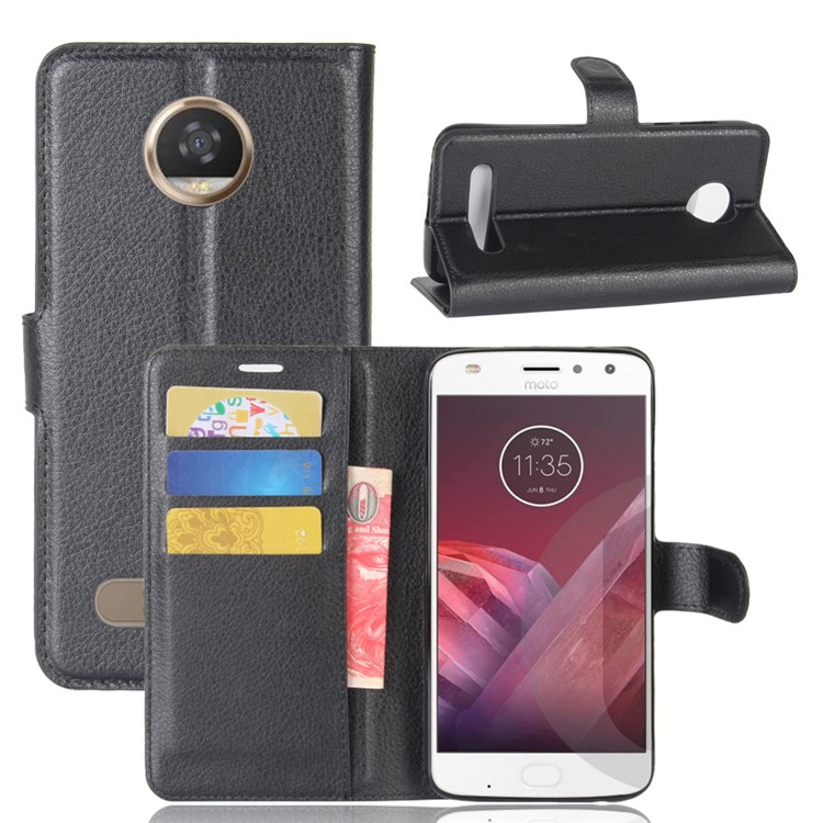 Litchi Skin Wallet Leather Stand Case for Motorola Moto Z2 Play - Black-1