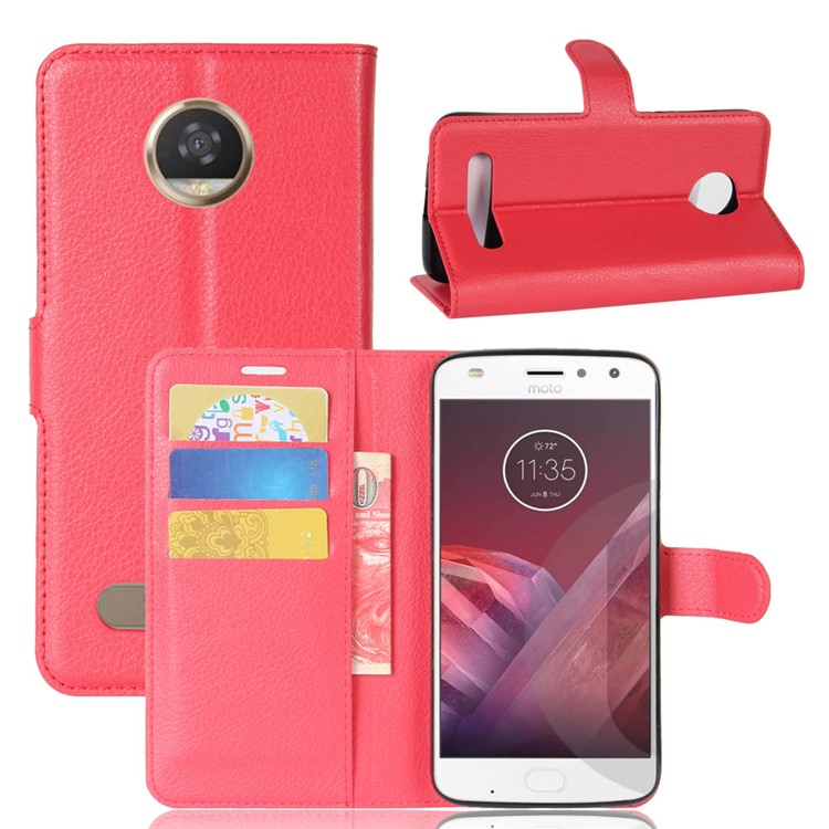 Litchi Skin Magnetic Leather Stand Case for Motorola Moto Z2 Play - Red-1
