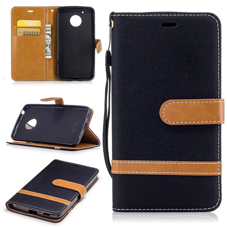 Two-tone Jean Cloth PU Leather Stand Phone Case Cover for Motorola Moto G5 - Black-1