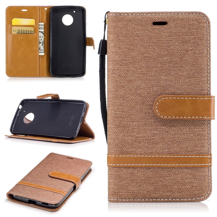 Two-tone Jean Cloth PU Leather Wallet Flip Stand Case Cover for Motorola Moto G5 - Khaki-1