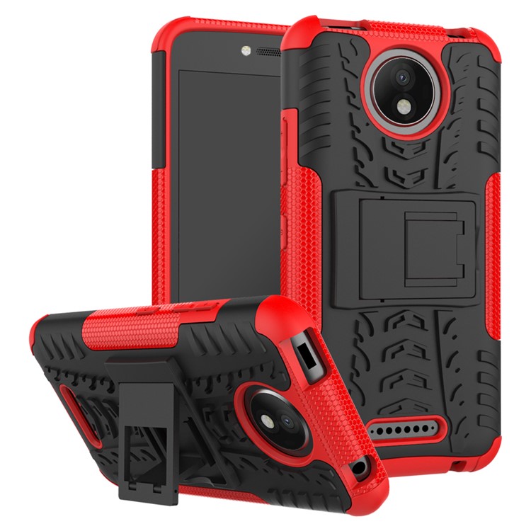 For Motorola Moto C Plus 2-in-1 Tyre Pattern Kickstand Combo Case (PC + TPU) - Red-1