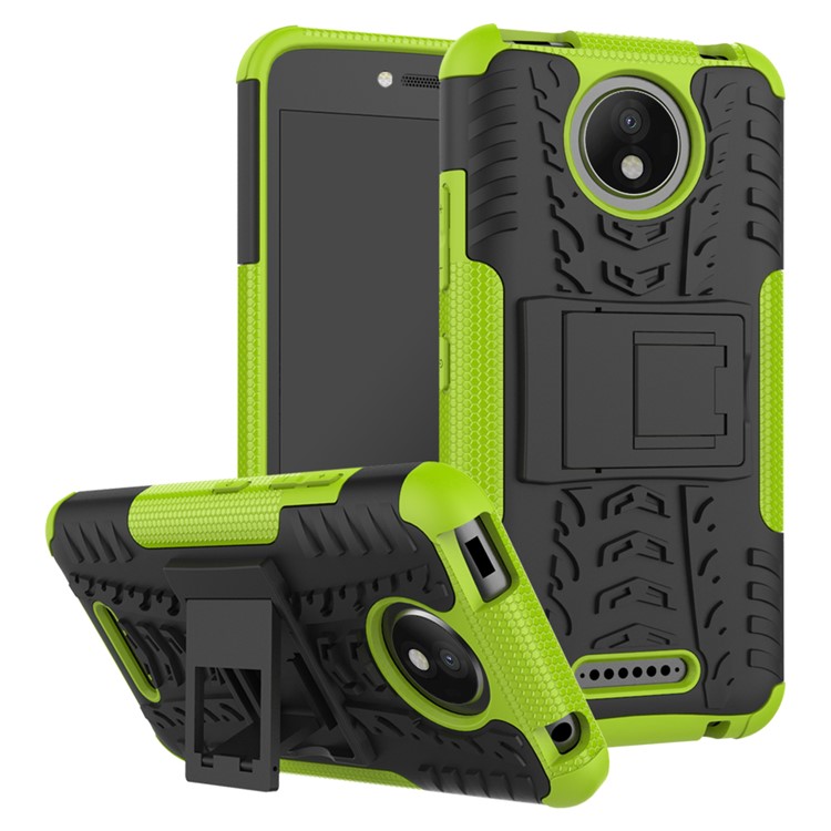Tyre Pattern Kickstand Combo Cover (PC + TPU) for Motorola Moto C Plus - Green-1