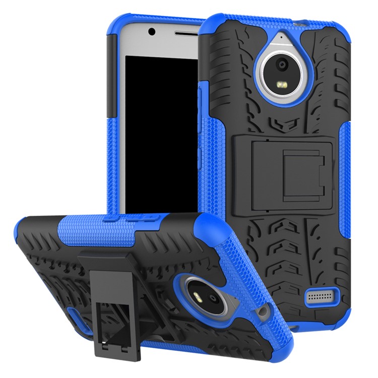 2-in-1 Tyre Pattern Kickstand PC + TPU Hybrid Back Shell Cover for Motorola Moto E4 (EU Version) - Blue-1