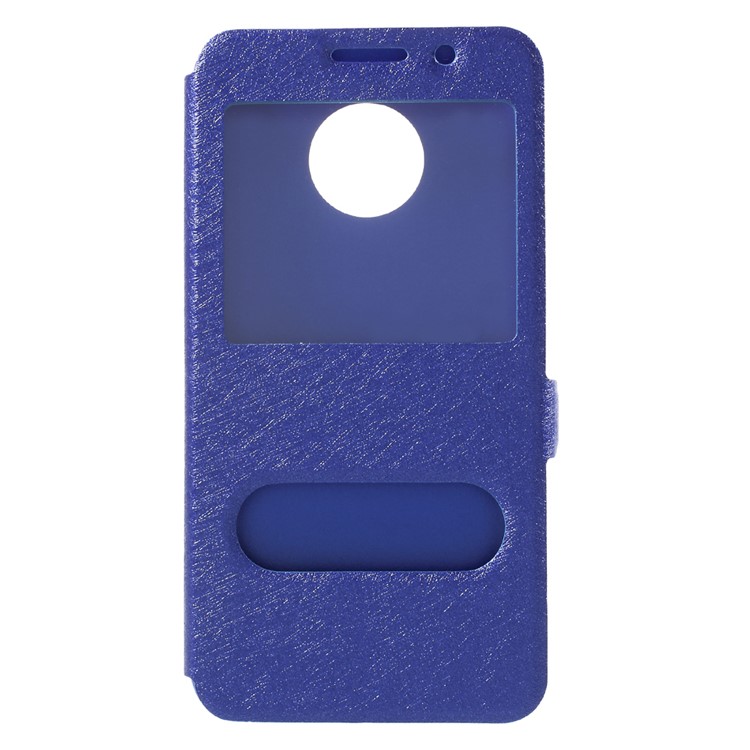 Silk Texture Dual Window Stand Leather Phone Case for Motorola Moto E4 Plus EU Version - Blue-1
