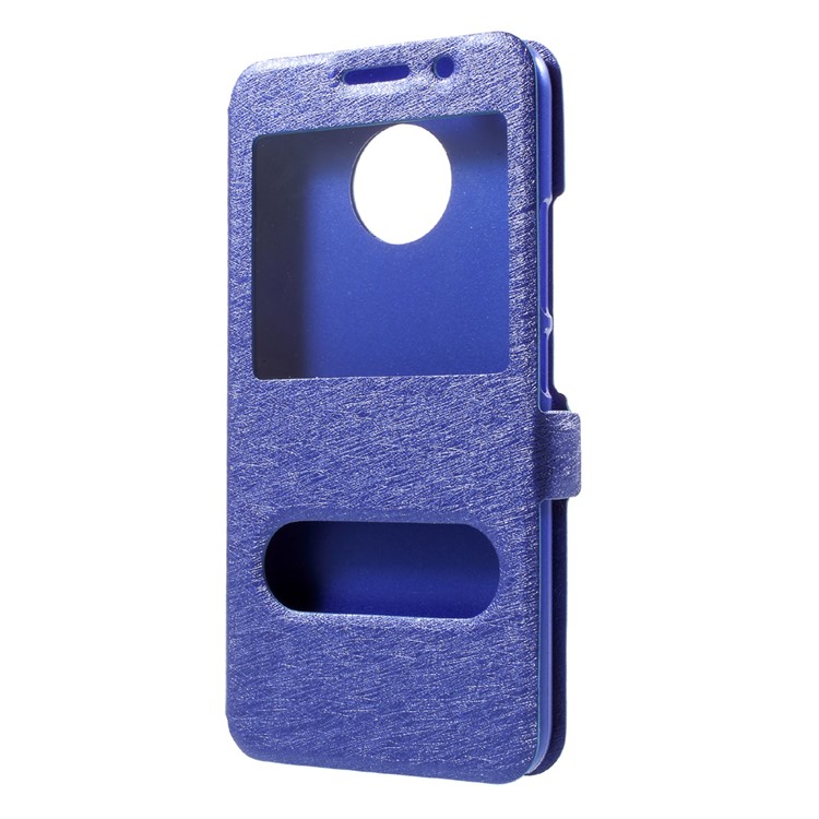 Silk Texture Dual Window Stand Leather Phone Case for Motorola Moto E4 Plus EU Version - Blue-2