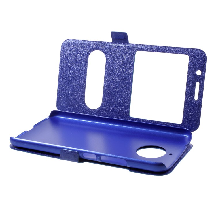 Silk Texture Dual Window Stand Leather Phone Case for Motorola Moto E4 Plus EU Version - Blue-5