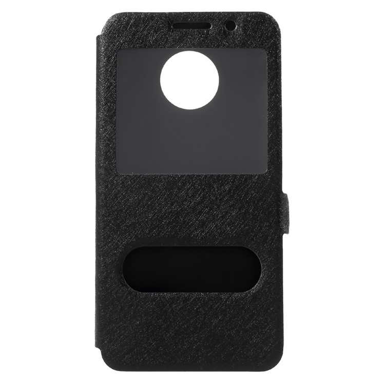 For Motorola Moto E4 Plus EU Version Silk Texture Dual Window Stand Leather Phone Accessory Case - Black-1