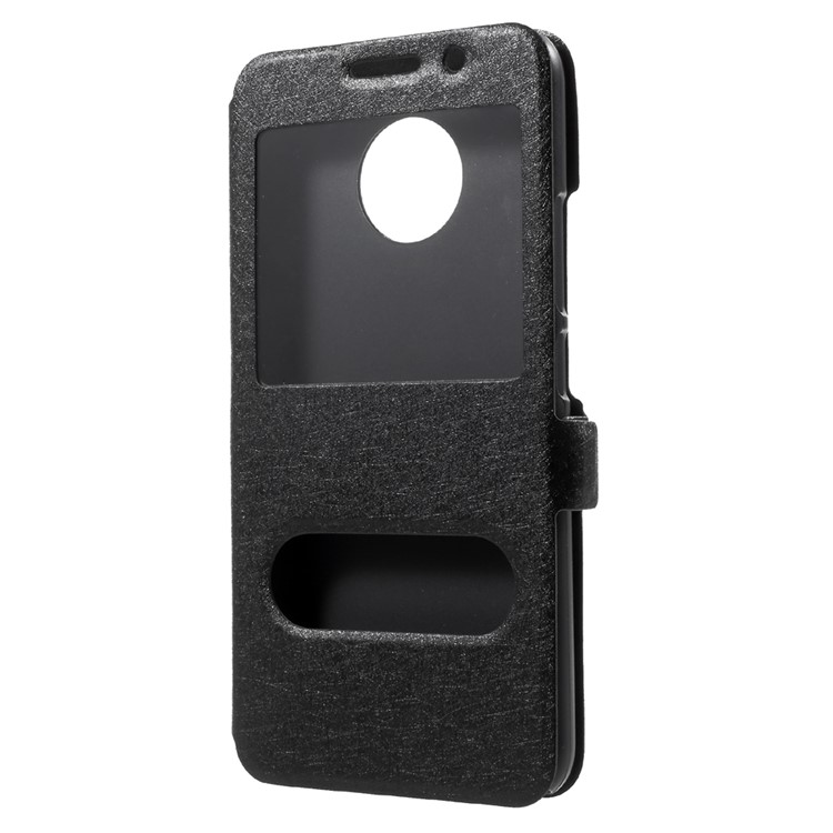 For Motorola Moto E4 Plus EU Version Silk Texture Dual Window Stand Leather Phone Accessory Case - Black-2