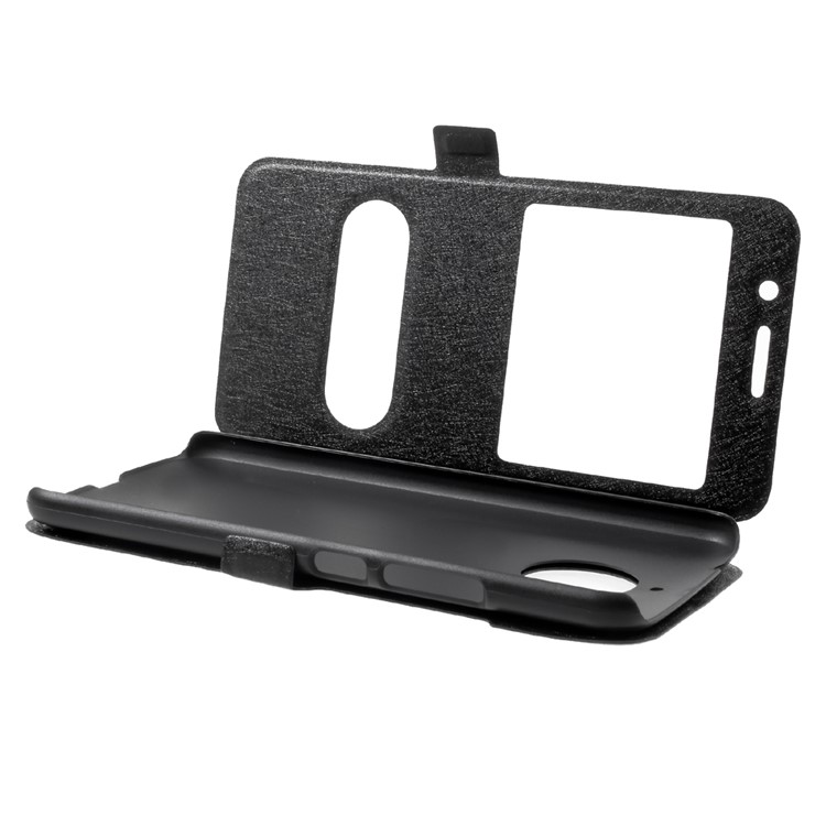 For Motorola Moto E4 Plus EU Version Silk Texture Dual Window Stand Leather Phone Accessory Case - Black-8