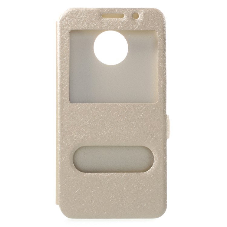For Motorola Moto E4 Plus EU Version Silk Texture Dual Window Stand Leather Phone Case - Gold-1