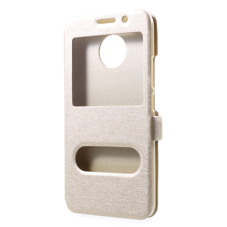 For Motorola Moto E4 Plus EU Version Silk Texture Dual Window Stand Leather Phone Case - Gold-2