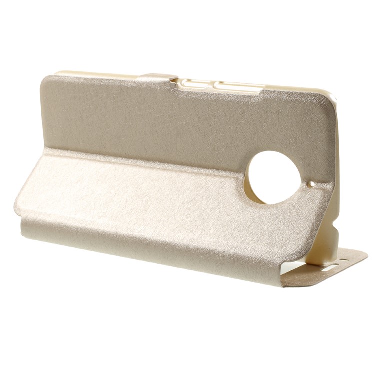 For Motorola Moto E4 Plus EU Version Silk Texture Dual Window Stand Leather Phone Case - Gold-4