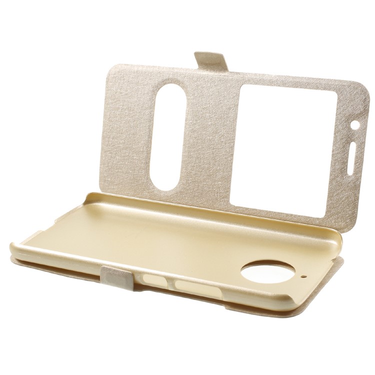 For Motorola Moto E4 Plus EU Version Silk Texture Dual Window Stand Leather Phone Case - Gold-5