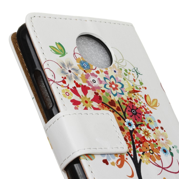 Patterned Wallet Stand Leather Protective Cover for Motorola Moto C Plus - Colorful Flowers Tree-3
