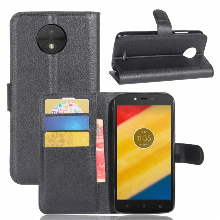Litchi Skin Wallet Leather Stand Case for Motorola Moto C Plus - Black-1