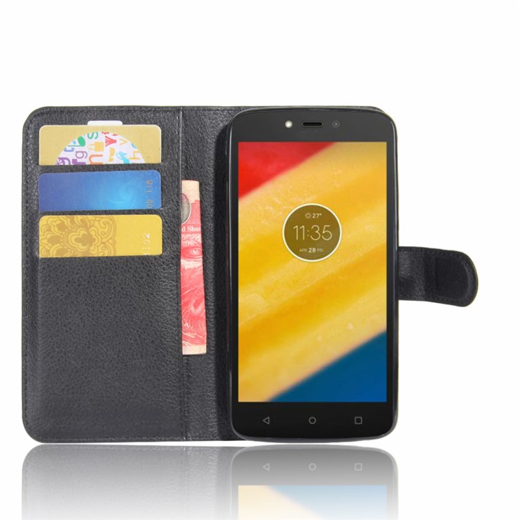 Litchi Skin Wallet Leather Stand Case for Motorola Moto C Plus - Black-4