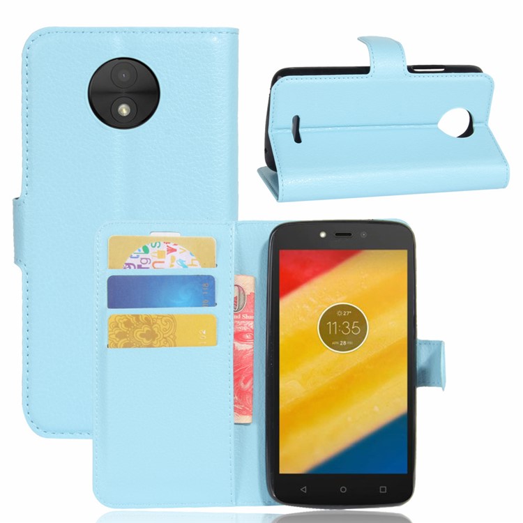 For Motorola Moto C Plus Lychee Skin Wallet Leather Case Shell - Baby Blue-1