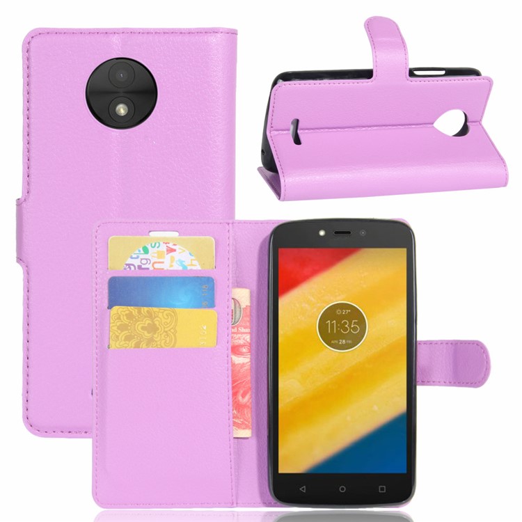 For Motorola Moto C Plus Lychee Skin Wallet Leather Case Cover with Stand - Purple-1