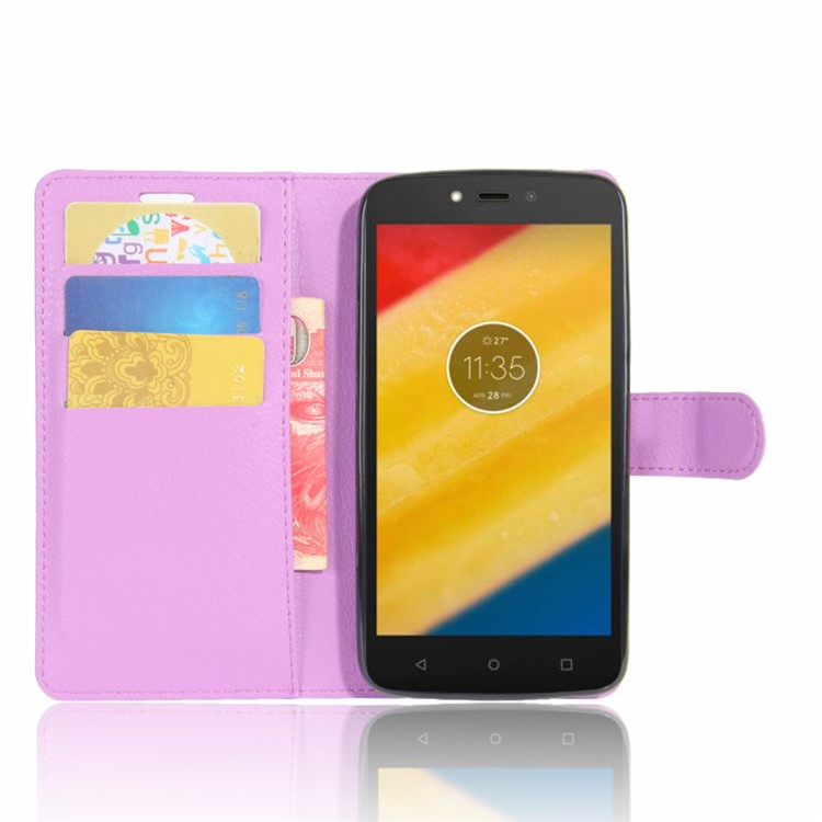 For Motorola Moto C Plus Lychee Skin Wallet Leather Case Cover with Stand - Purple-4