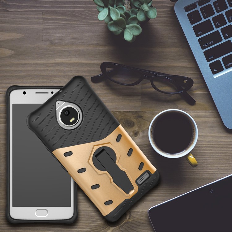 Soft TPU + Plastic Detachable Mobile Phone Casing with 360-degree Rotary Kickstand for Motorola Moto E4 EU Version - Gold-11