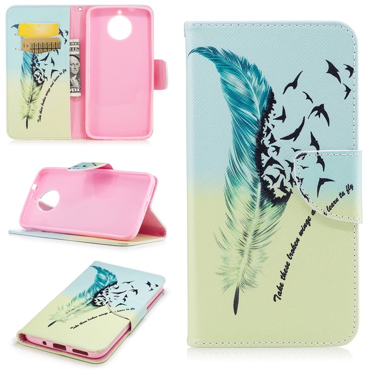 Pattern Printing Wallet Leather Cover Shell for Motorola Moto G5S Plus - Feather Pattern-1