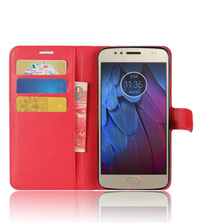 Litchi Skin Wallet Leather Stand Mobile Shell Para Motorola Moto G5S - Vermelho