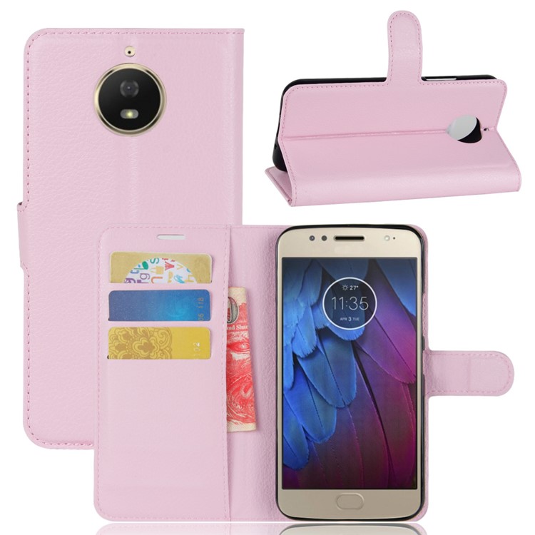Litchi Skin Leather Card Holder Cell Phone Case with Stand for Motorola Moto G5S - Pink-1