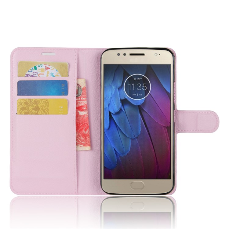 Litchi Skin Leather Card Holder Cell Phone Case with Stand for Motorola Moto G5S - Pink-4