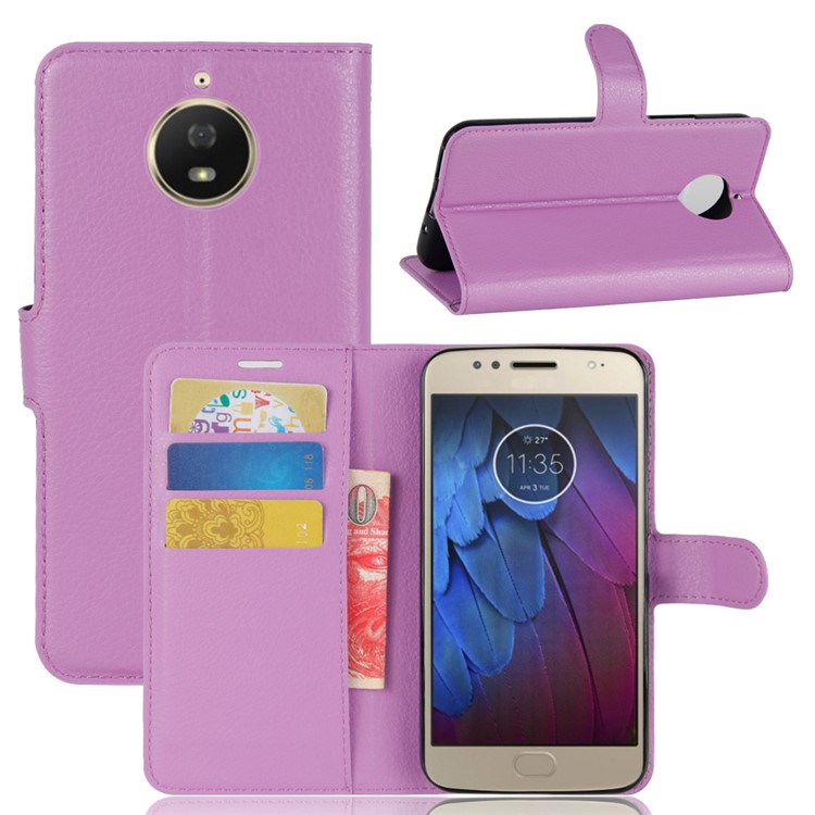 Litchi Skin Leather Protection Stand Phone Shell with Card Slots for Motorola Moto G5S - Purple-1