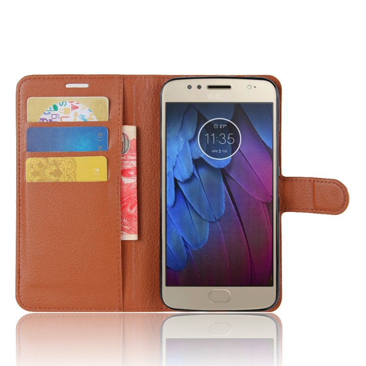 Litchi Skin Leather Wallet Magnetic Cell Phone Cover for Motorola Moto G5S - Brown-4