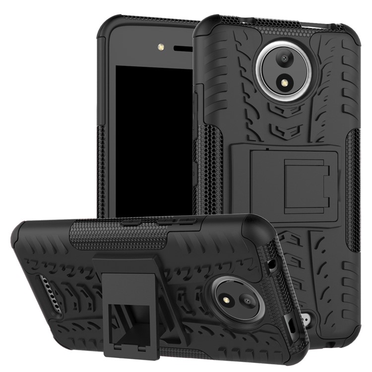 Tyre Pattern 2-in-1 TPU + PC Hybrid Mobile Back Cover with Kickstand for Motorola Moto C - Black-1
