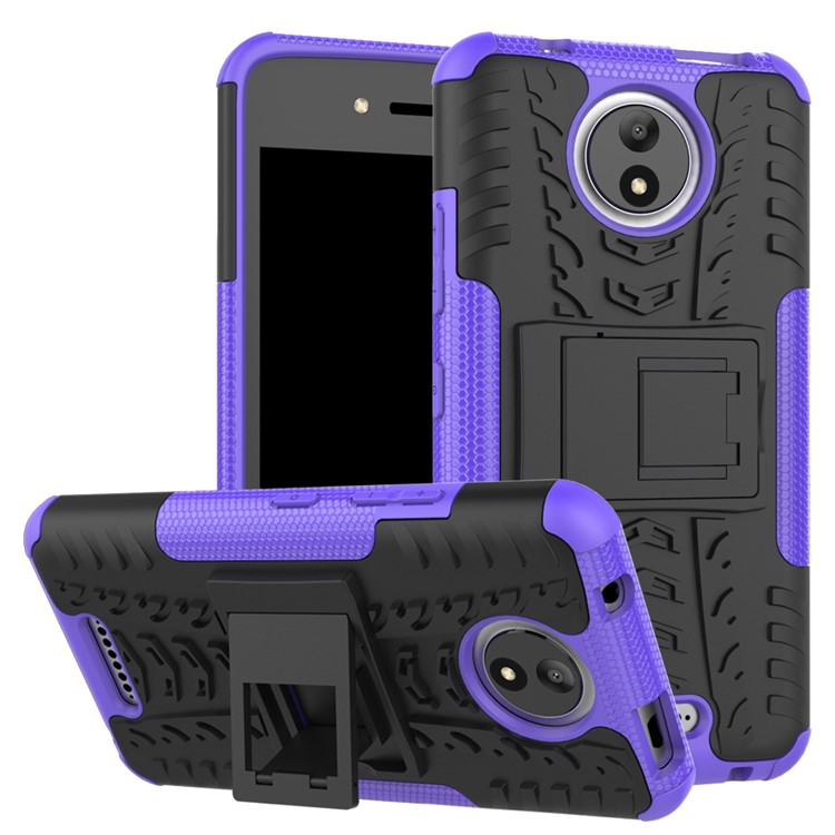 PC TPU Tyre Pattern Phone Cover Casing for Motorola Moto C with Kickstand - Purple-1