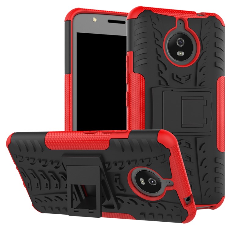 Tyre Pattern 2-in-1 TPU + PC Hybrid Kickstand Mobile Back Casing for Motorola Moto E4 Plus EU Version - Red-1