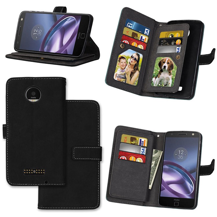 For Motorola Moto Z Matte Skin Leather Stand Folio Case with 9 Card Holders - Black-1