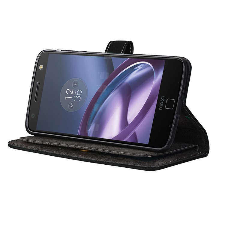 For Motorola Moto Z Matte Skin Leather Stand Folio Case with 9 Card Holders - Black-6
