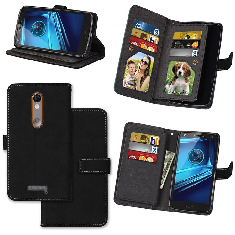 Matte Skin Leather Stand Folio Case with 9 Card Holders for Motorola Moto X Force X3 - Black-1