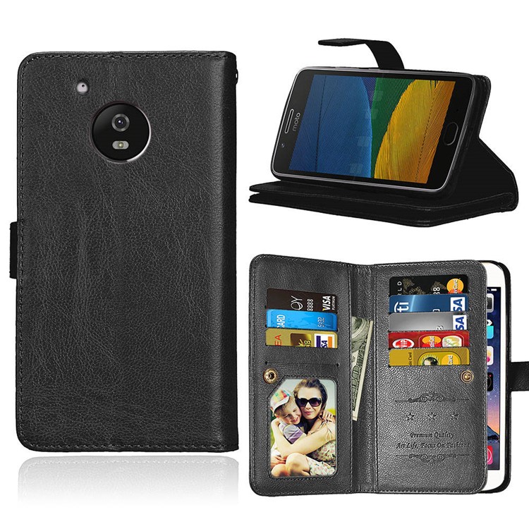 For Motorola Moto G5 Crazy Horse Wallet PU Leather Folio Stand Case with 9 Card Slots - Black-1