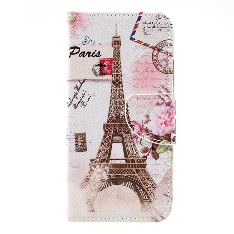 Para Motorola Moto C patrón de impresión de la cartera de cuero soporte móvil caso - Torre Eiffel y flores-1