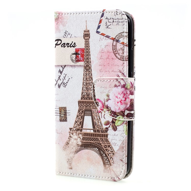 Para Motorola Moto C patrón de impresión de la cartera de cuero soporte móvil caso - Torre Eiffel y flores-2