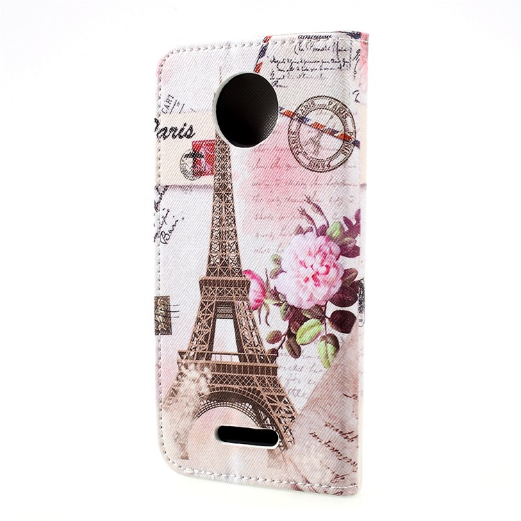 Para Motorola Moto C patrón de impresión de la cartera de cuero soporte móvil caso - Torre Eiffel y flores-3