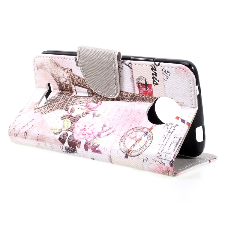 Para Motorola Moto C patrón de impresión de la cartera de cuero soporte móvil caso - Torre Eiffel y flores-5